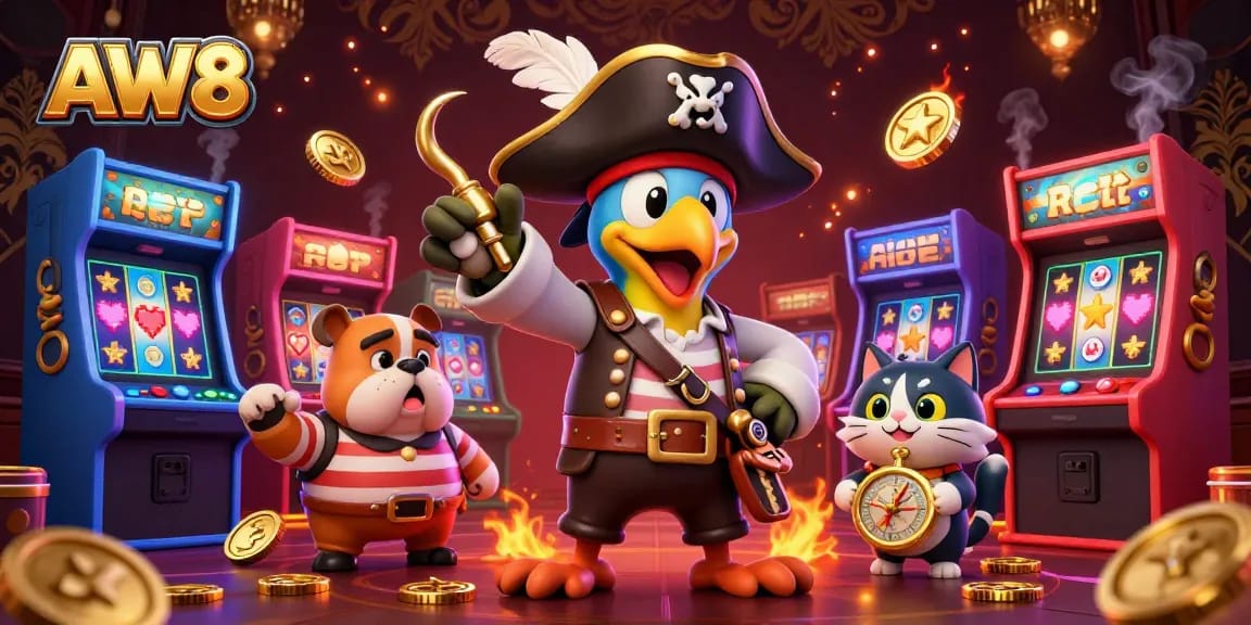 Engage in thrilling gameplay with AW8 as the pirate captain and crew navigate a vibrant casino filled with arcade machines and glowing treasures.