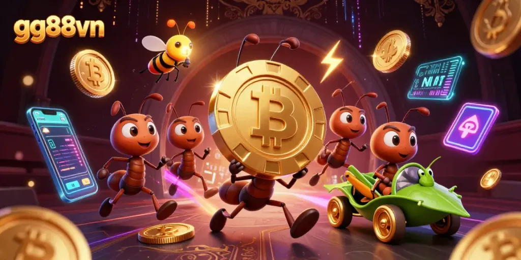 Engage with gg88vn as ants heist golden poker chips in a vibrant, lively casino scene.