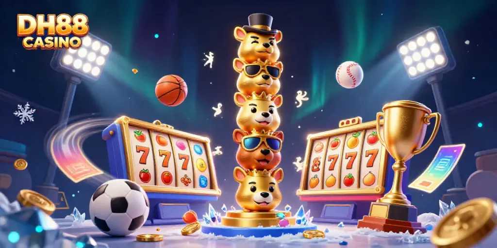 Engage with the vibrant atmosphere of DH88 CASINO, showcasing animated casino totem and dynamic games.