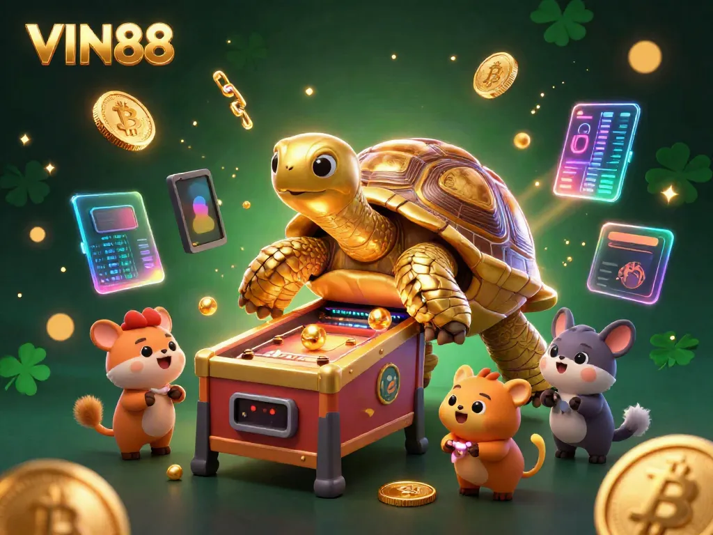 Experience thrilling gameplay with VIN88, featuring a golden tortoise pinball machine and vibrant crypto elements.