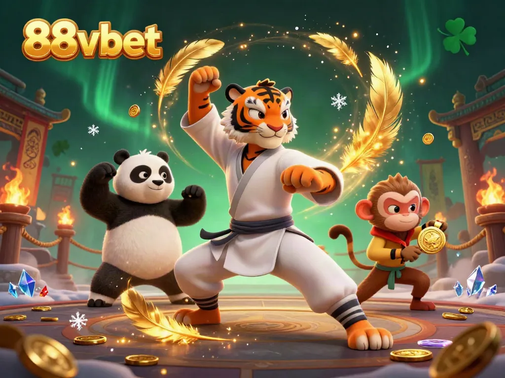 Engage with 88vbet's vibrant casino scene featuring a kung fu tiger, panda, and monkey amidst gold and excitement.