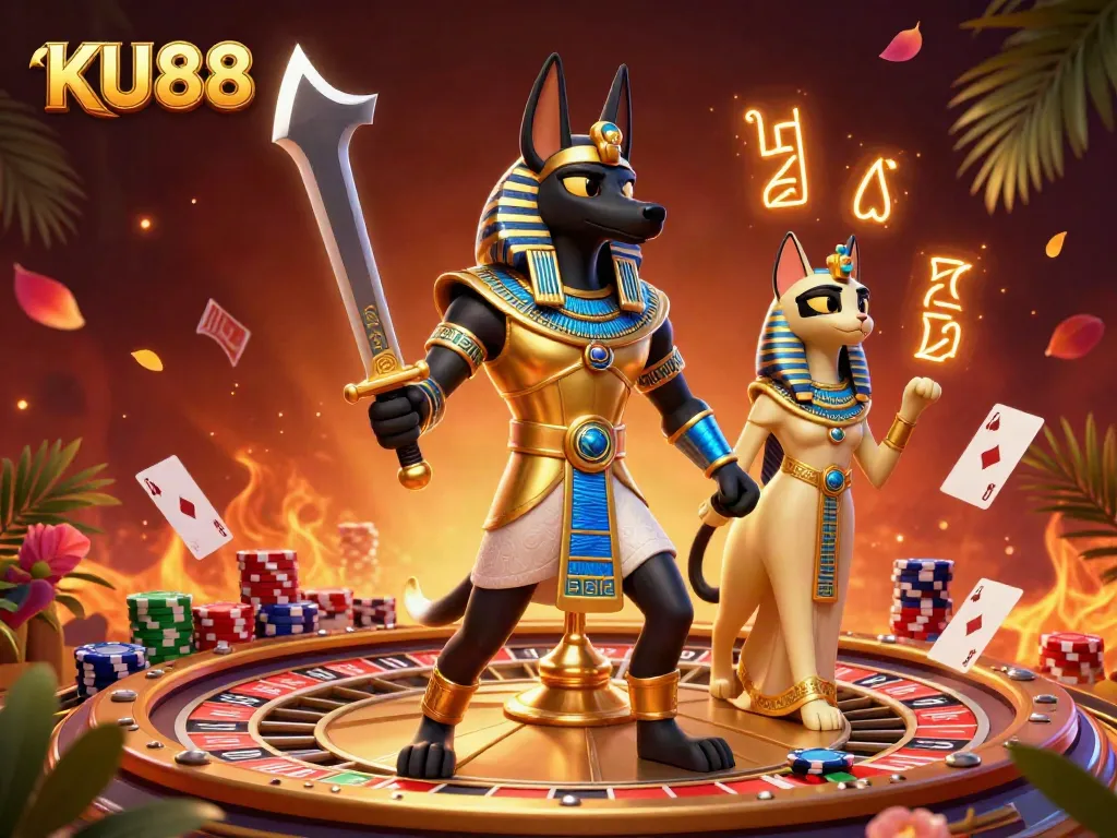 Experience thrilling gambling with KU88's vibrant casino scene featuring Anubis and Bastet.