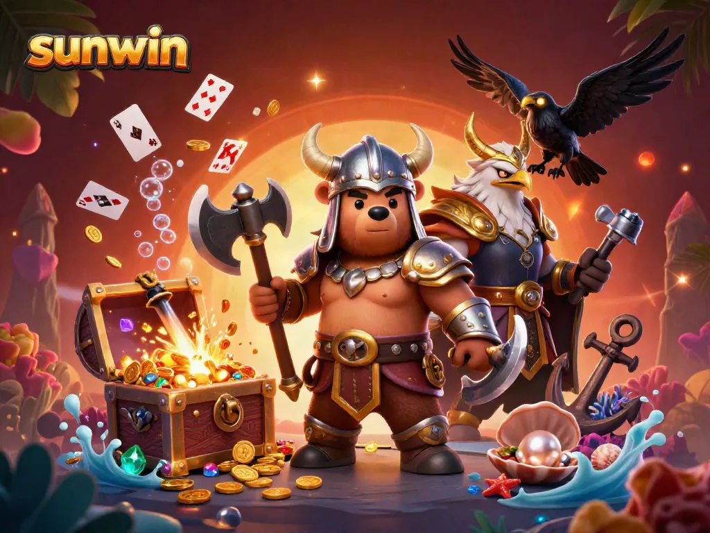Experience thrilling gameplay with sunwin's vibrant 3D illustration of a Viking bear and Valkyrie amidst treasure.