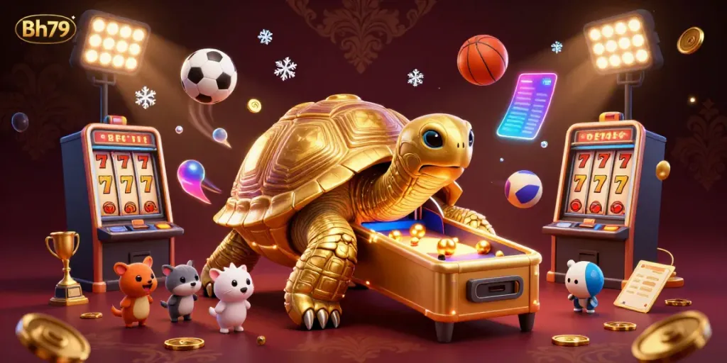 Play thrilling games at Bh79 with a golden tortoise pinball machine captivating players and sports visuals.