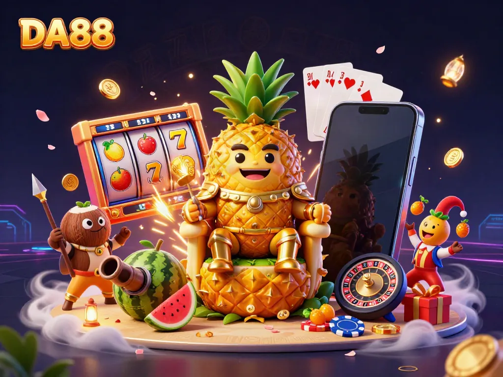 Experience the vibrant spirit of DA88 with a cartoon pineapple king and gaming elements in this lively casino scene.