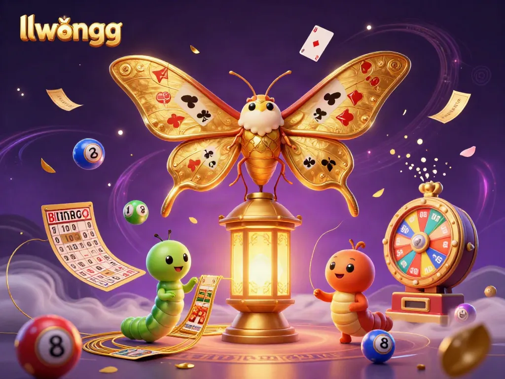 Experience the vibrant dynamics of llwingg with colorful lottery games and a majestic moth illustration.