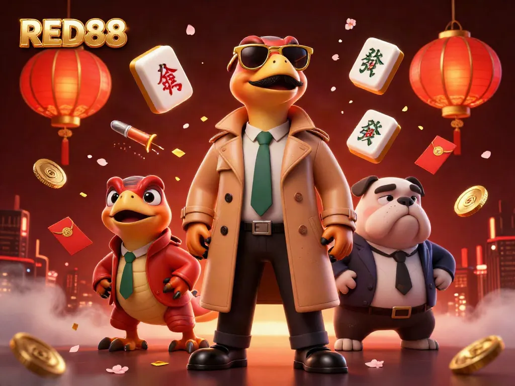 Experience the thrilling VIP entrance at RED88 as raptors cleverly disguise themselves, surrounded by festive casino elements.