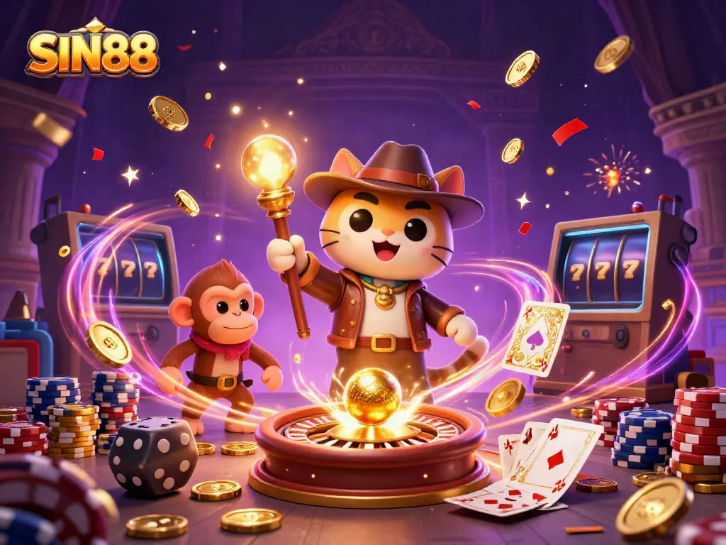 SIN88 showcases an explorer cat and monkey companion uncovering a golden casino artifact amidst a dazzling scene of treasures.