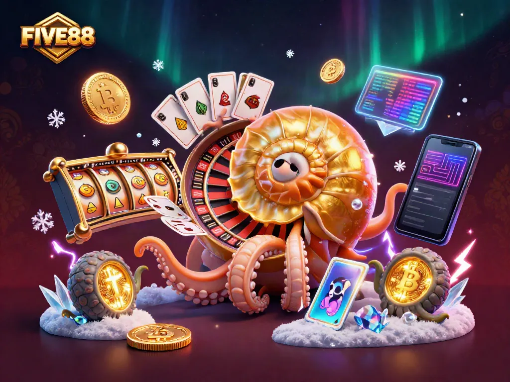 Engage in thrilling casino action at FIVE88 with a dynamic 3D nautilus roulette and glowing crypto coins.