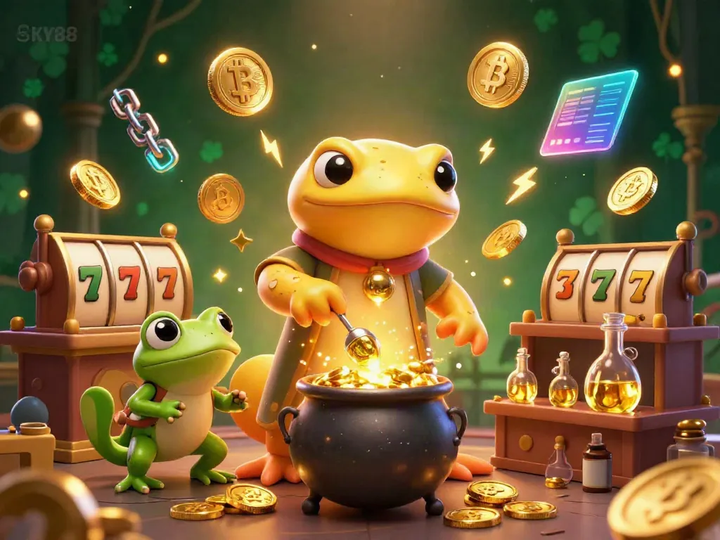 Experience the thrilling world of SKY88 with vibrant gaming elements and a magical alchemist creating fortunes.