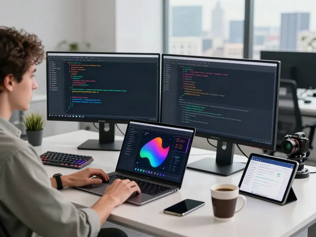 Developer coding unfiltered AI chat applications in a vibrant tech workspace.