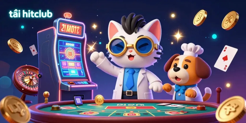 Experience the excitement of casino gaming with tải hitclub showcasing a lively jackpot scene and animated characters.