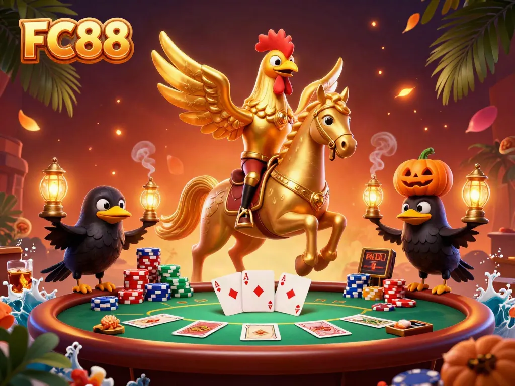 Experience the thrilling casino ambiance at FC88 with a golden rooster and unique characters surrounded by poker elements.