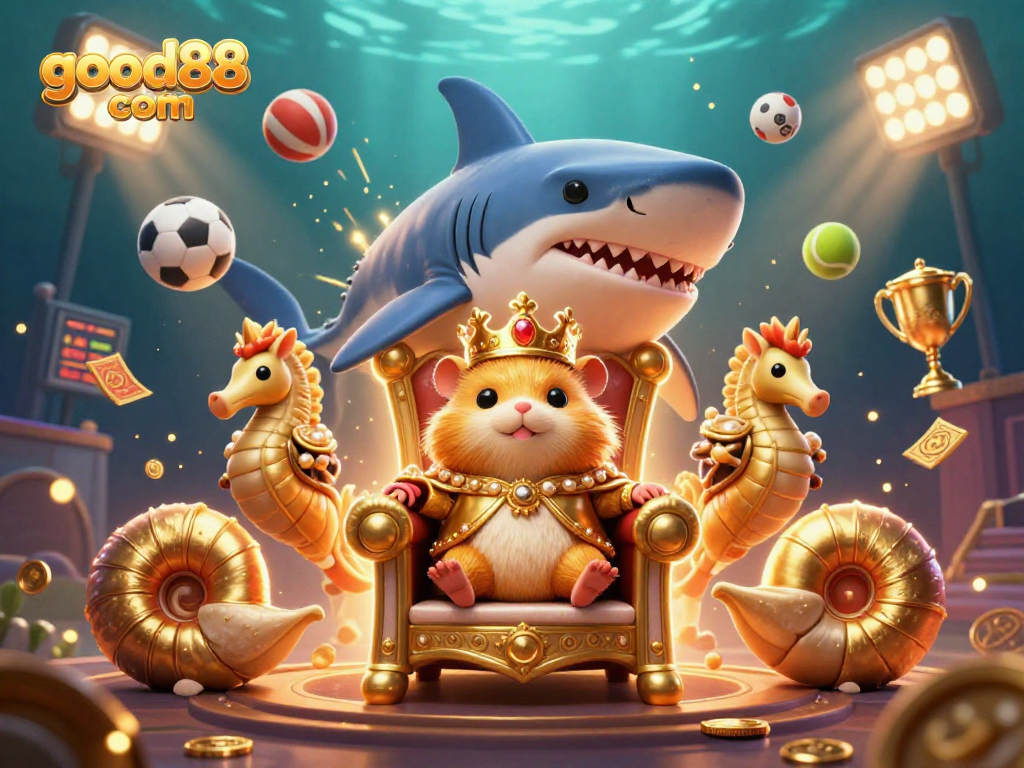 Bet on big wins with good88 com featuring an energetic casino scene with a hamster king and dynamic sports elements.