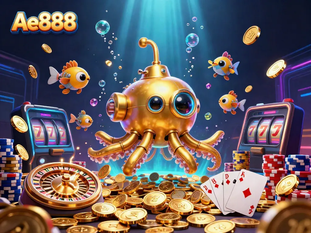 Ae888 features a golden kraken submarine in a sea of coins, enhancing online gambling excitement.