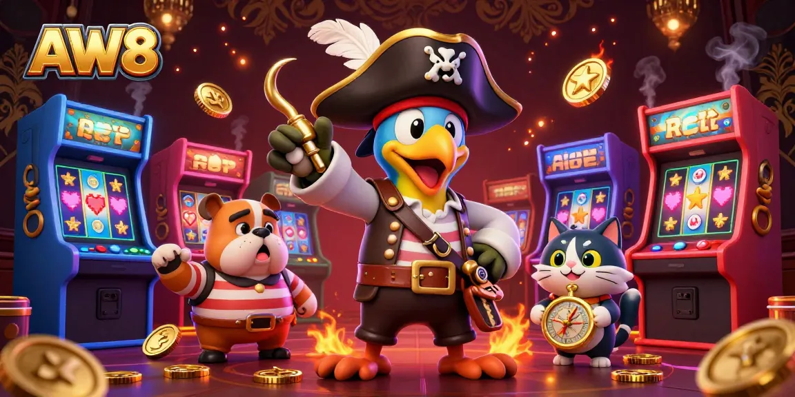 Engage in thrilling gameplay with AW8 as the pirate captain and crew navigate a vibrant casino filled with arcade machines and glowing treasures.