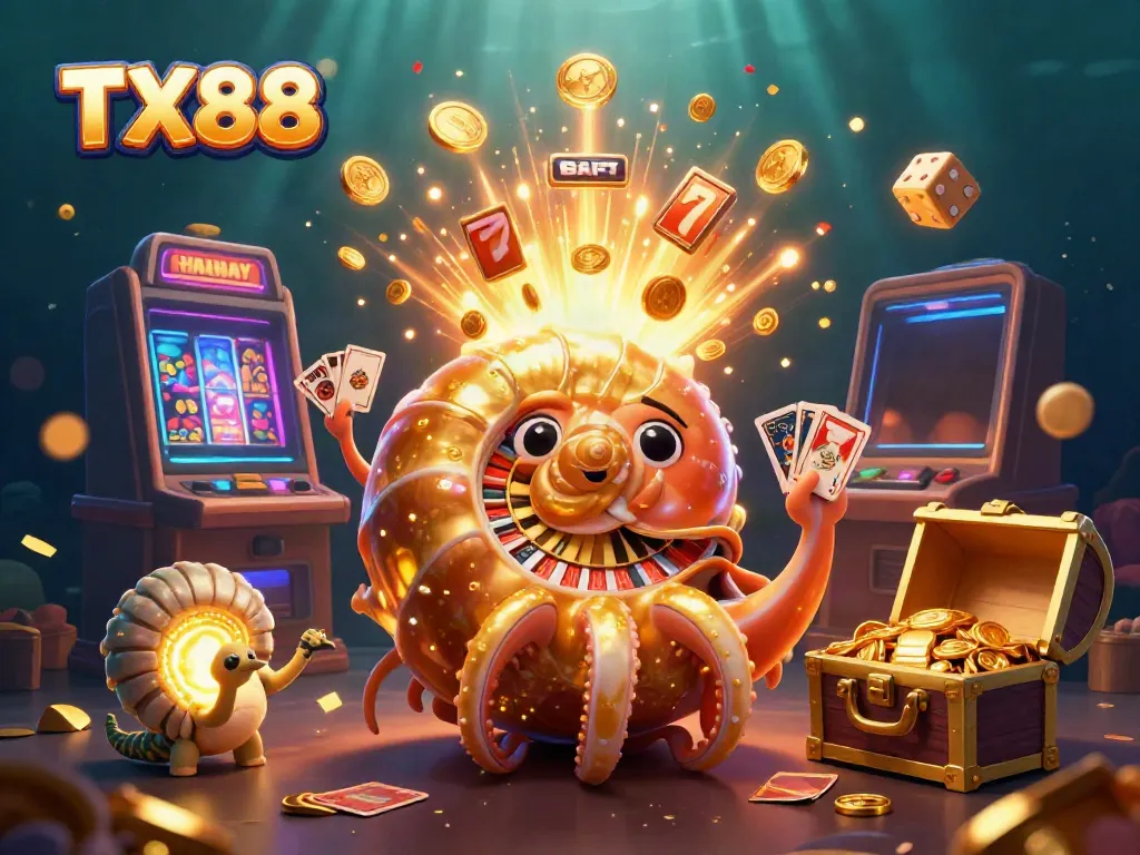 Experience the thrill of TX88 with vibrant 3D casino visuals showcasing a giant nautilus roulette and dynamic game elements.