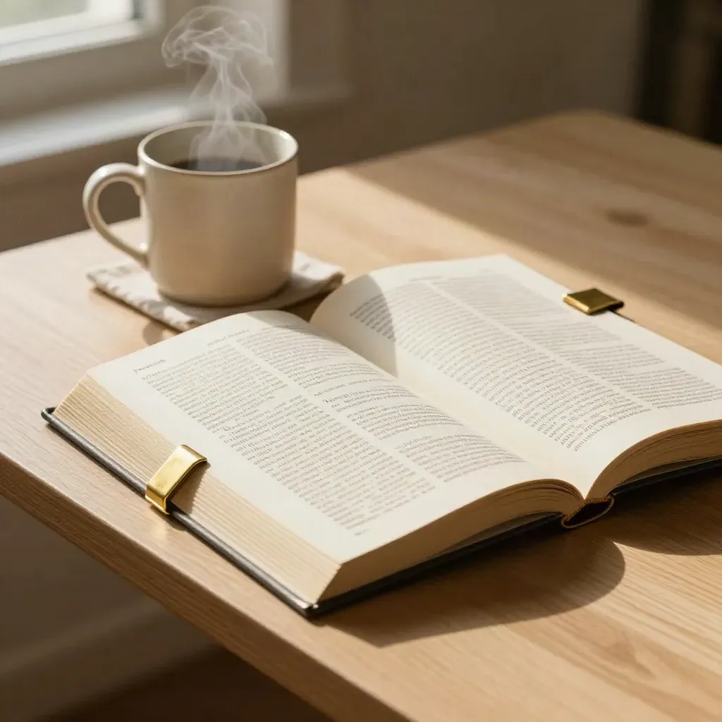 Open woordenboek naast een dampende mok op smalle houten tafel.