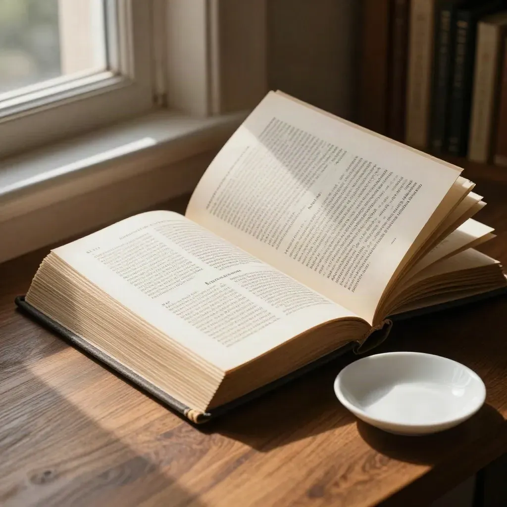 Open woordenboek op houten vensterbank met wit schaaltje in warm middaglicht.