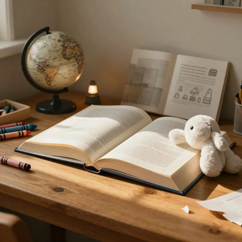 Open schoolboek met tabs, wereldbol, kleurpotloden en knuffel op een kinderschrijftafel.