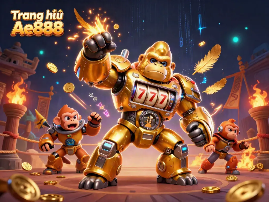 Experience thrilling gameplay at Trang chủ Ae888 with an explosive golden gorilla mech and vibrant casino elements.