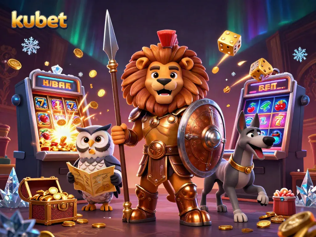 Kubet gaming scene featuring a heroic lion, wise owl, and swift greyhound with casino elements.