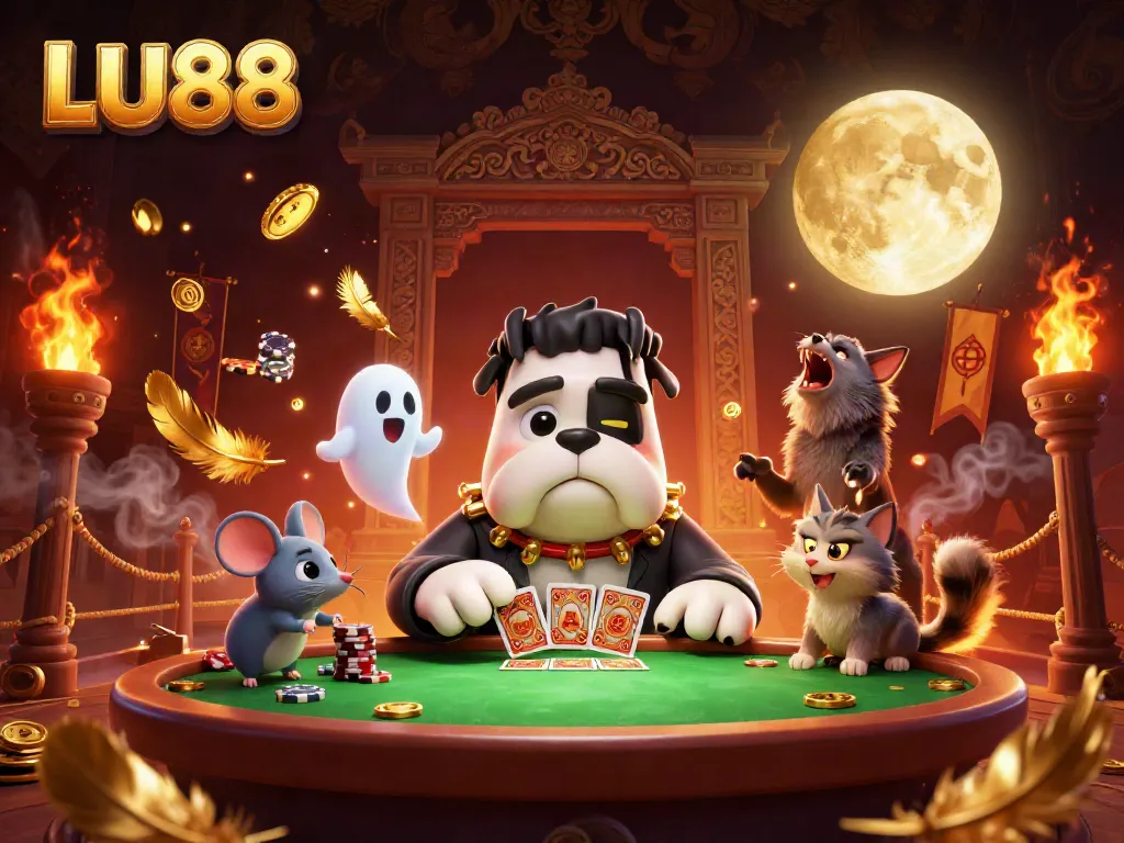 LU88 themed illustration of a monster dealer and a ghost, showcasing casino excitement and fun.