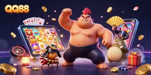 Engage in thrilling gameplay at QQ88 with vibrant slots and gaming characters.