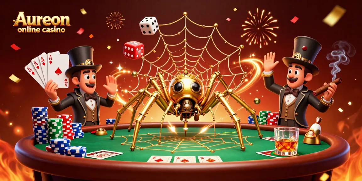 Aureon online casino showcases a steampunk spider weaving a golden web of poker elements in a vibrant casino scene.
