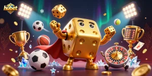 Watch hubet's golden dice golem entertain while juggling dice amid vibrant casino elements.