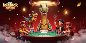 Experience thrilling gameplay at lolajack casino with an immersive poker scene featuring dynamic characters.