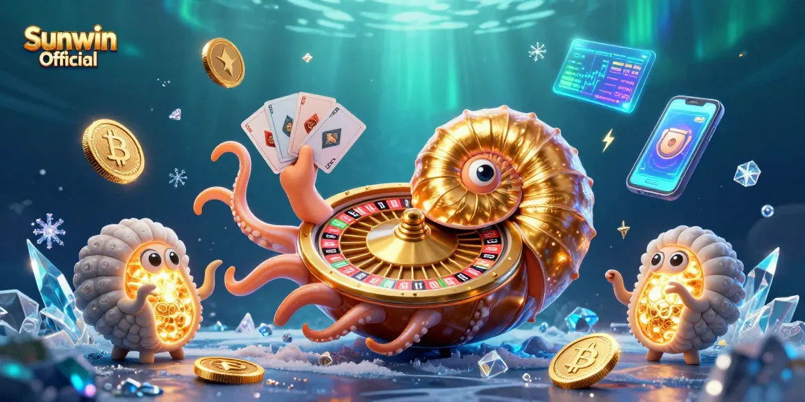 Engage with Sunwin Official's vibrant 3D casino scene featuring a giant nautilus roulette wheel and glowing crypto coins.