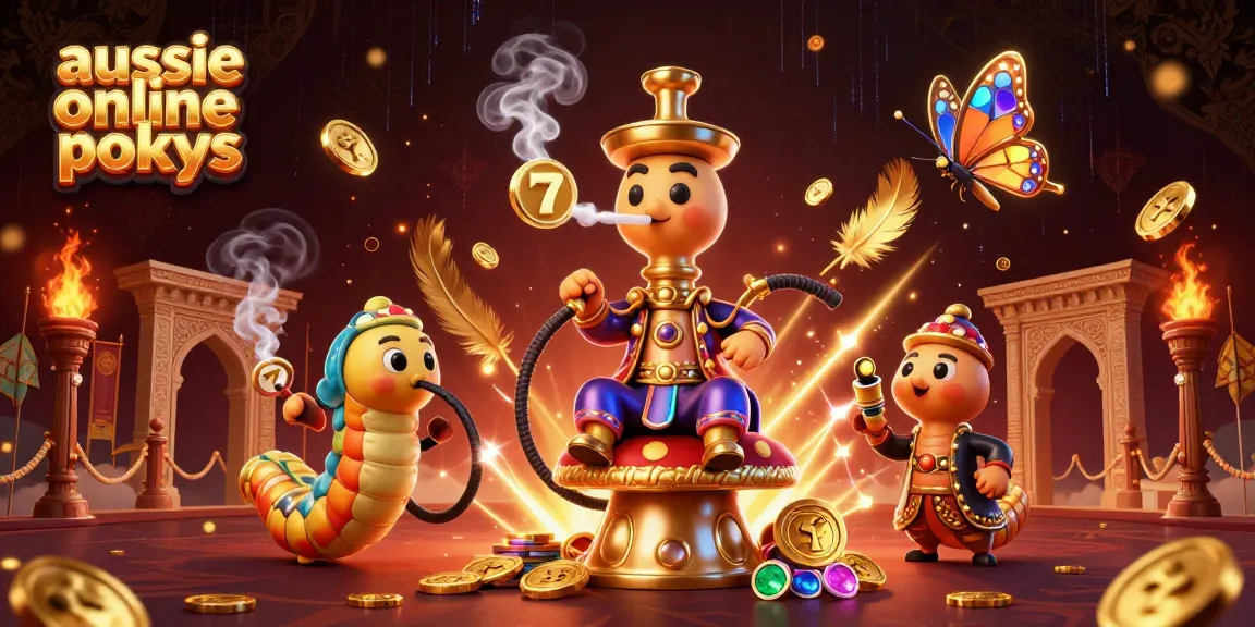 Engaging scene showcasing aussie online pokies with a whimsical caterpillar hookah-master surrounded by dynamic gaming elements.