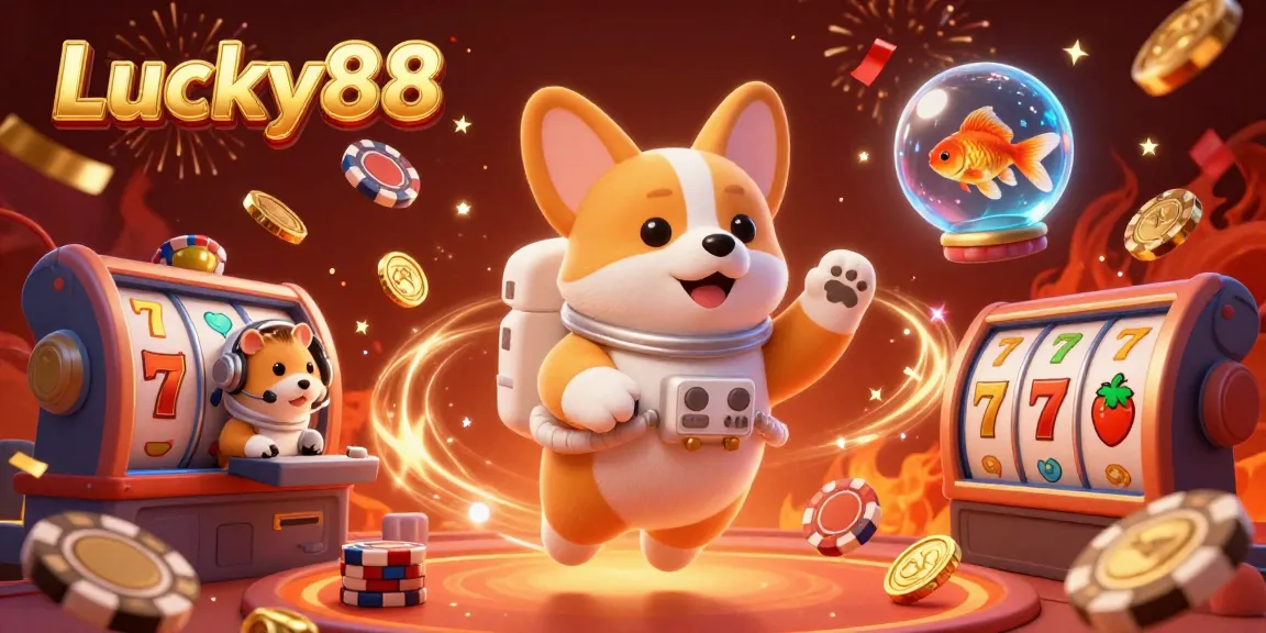 Enjoy the exciting atmosphere of Lucky88 with a 3D illustration of a corgi in a floating casino.